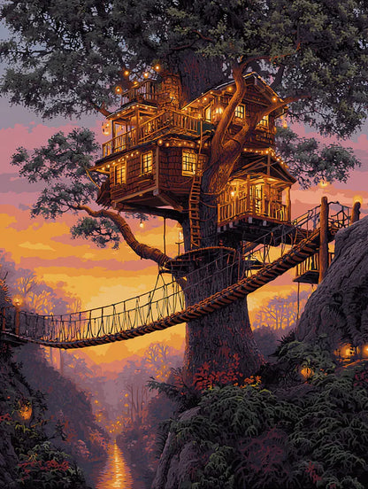 Lantern-Lit Cabin in the Trees