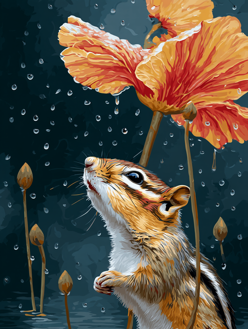 Chipmunk Under Flower Umbrella (Diamond Painting)