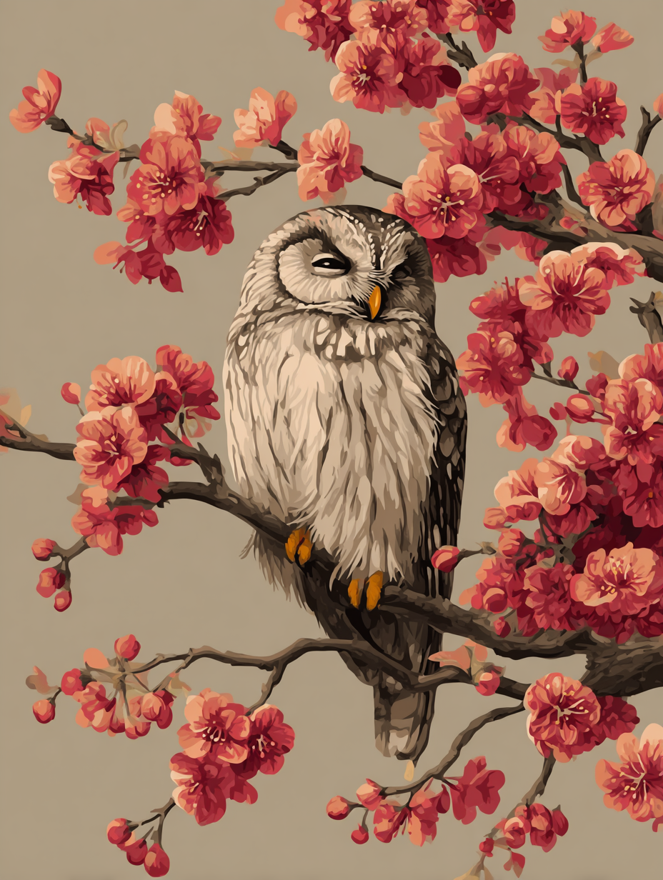 Barred Owl in Sakura Tree (Diamond Painting) Diamond Painting kit