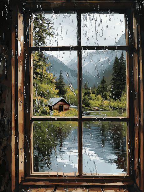 Rainy Window, Cabin & Lake (Diamond Painting) Diamond Painting kit