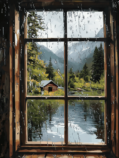 Rainy Window, Cabin & Lake