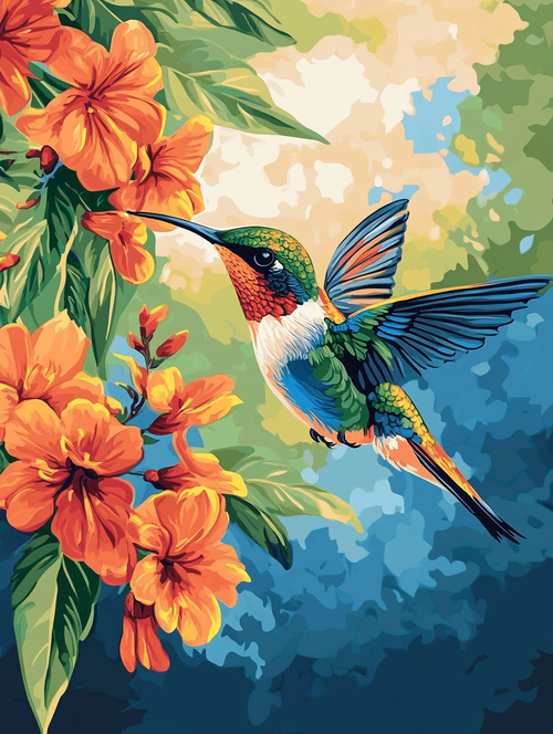 Hummingbird at Sunset Flowers