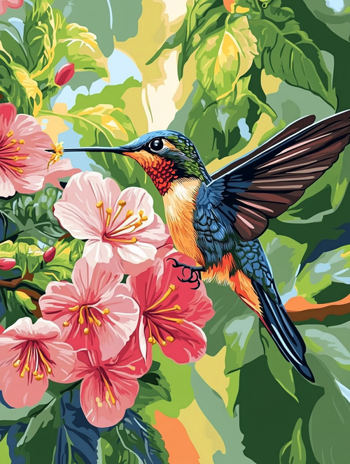 Hummingbird, Pink Tropical Bloom