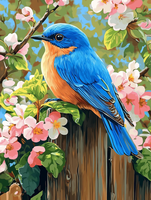 Orange & Blue Bird, Spring Bloom