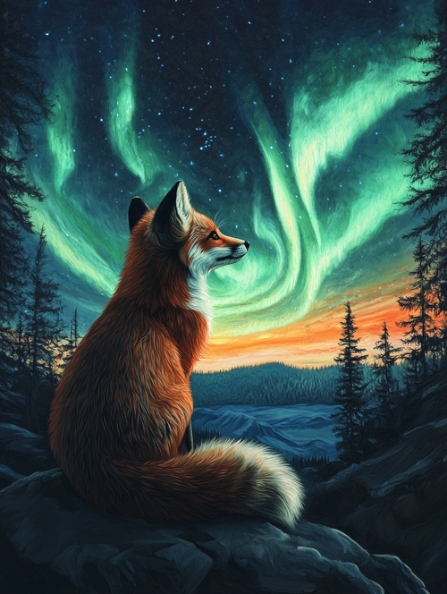 Fox Watching Northern Lights