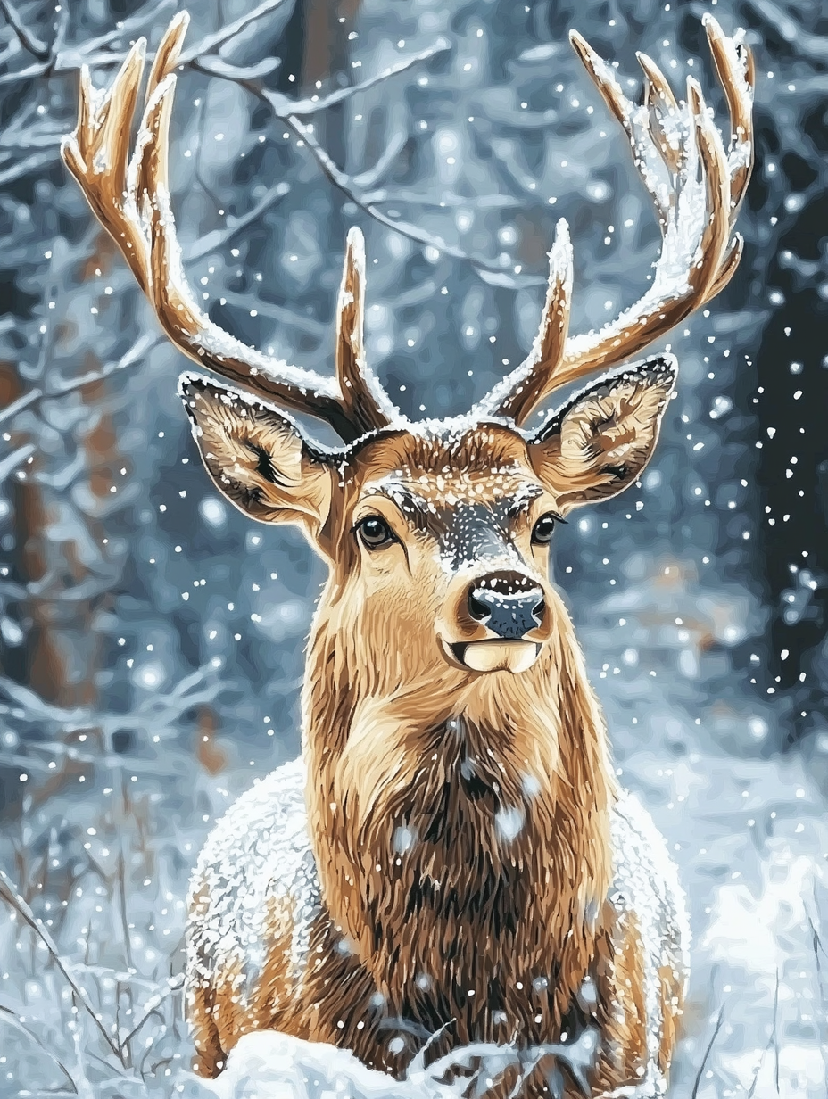 Stag, Snowy Winter Forest