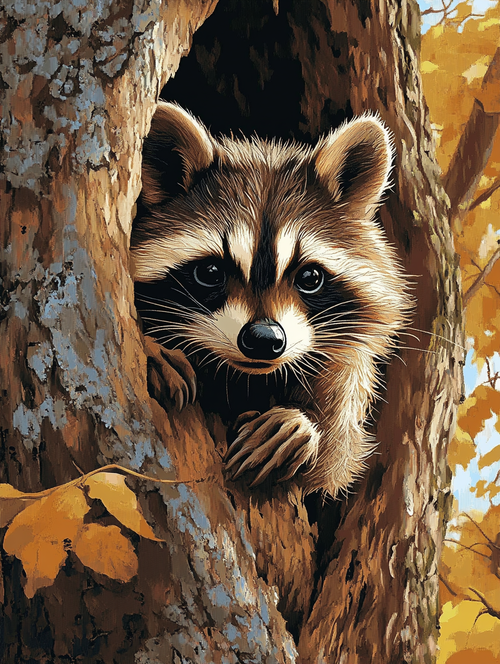 Raccoon, Autumn Tree Hollow