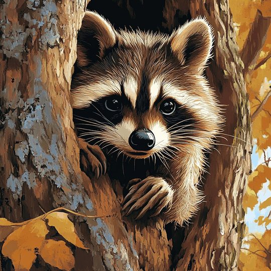 Raccoon, Autumn Tree Hollow