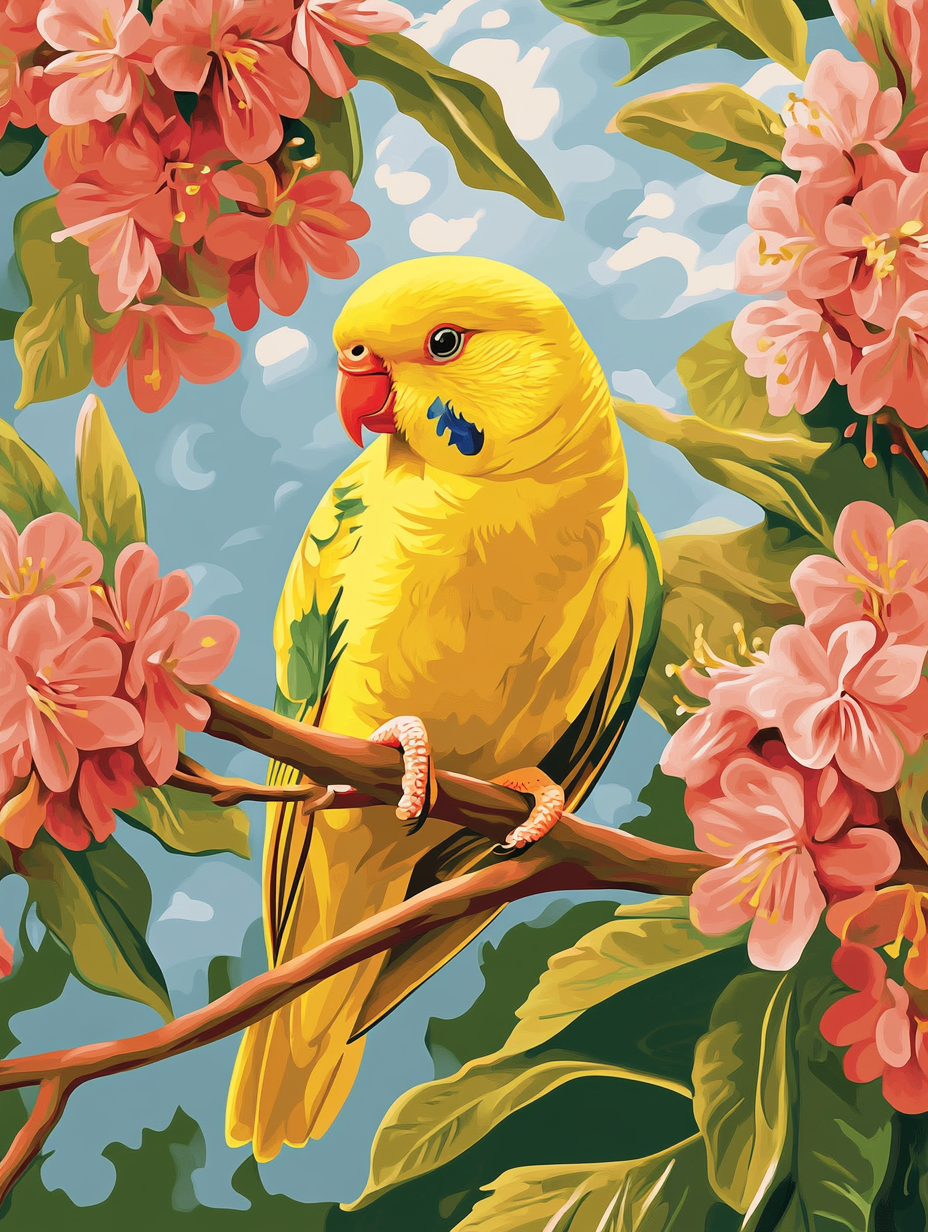 Yellow Parrot, Coral Blossoms