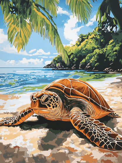 Turtle on Sand, Palm Trees