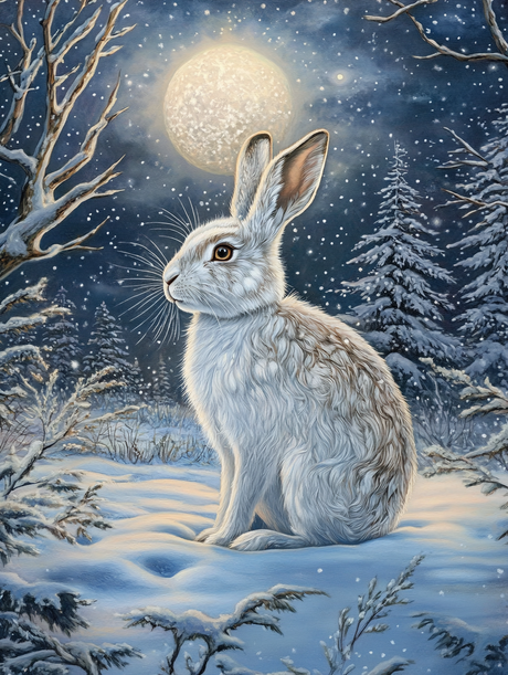 White Rabbit, Snowy Forest Night (Diamond Painting) Diamond Painting kit
