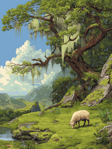Peaceful Meadow Grazing Sheep (Diamond Painting) Diamond Painting kit