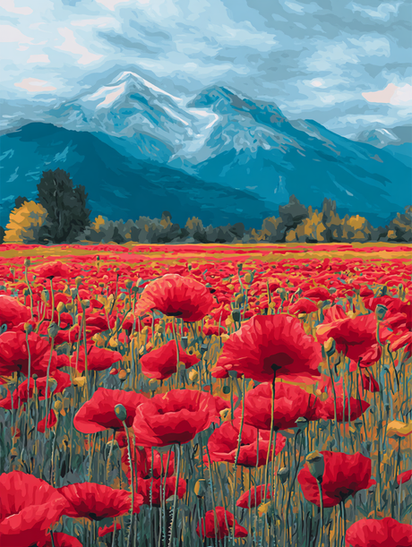 Poppy Field Mountain View (Diamond Painting) Diamond Painting kit