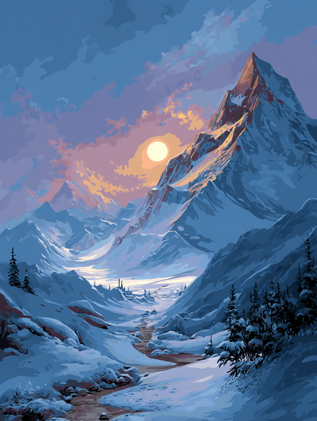 Snowy Mountains Winter Sunset (Diamond Painting) Diamond Painting kit
