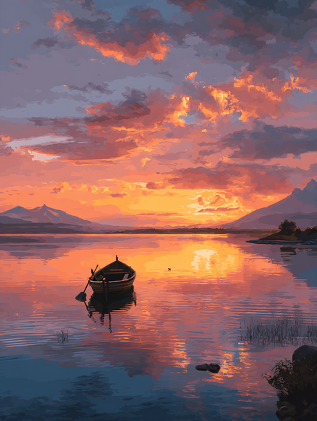 Sunset Lake Rowboat Calm (Diamond Painting) Diamond Painting kit