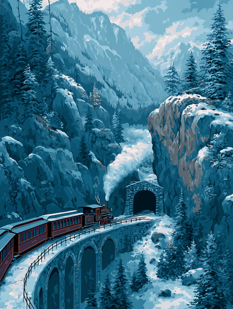 Winter Train Mountain Pass (Diamond Painting) Diamond Painting kit