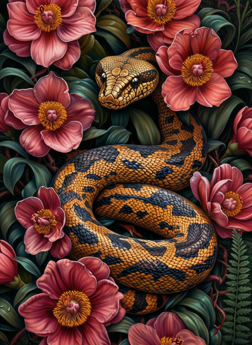 Serpent Among Blossoms (Board Canvas)