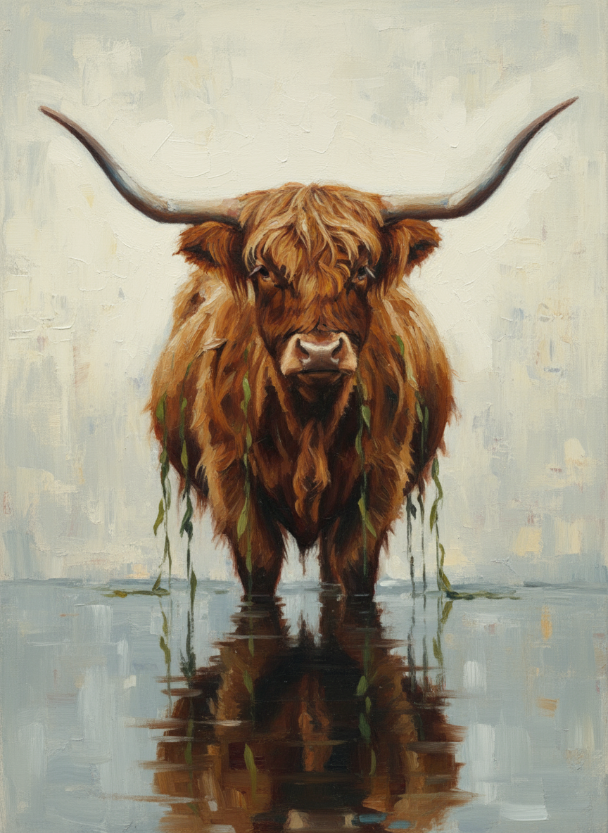Highland Cow Genesis in Water (Board Canvas)