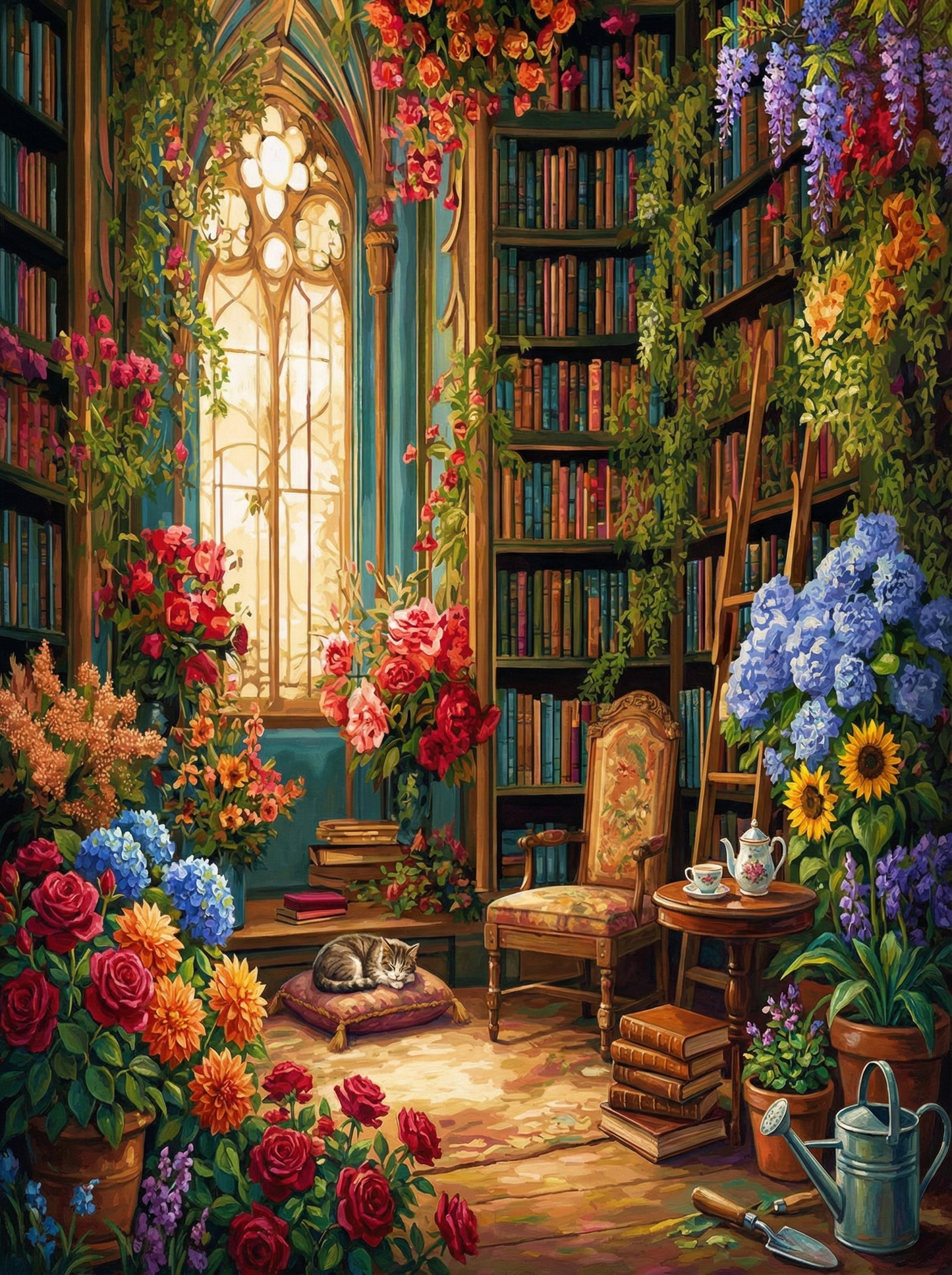 Cozy Garden Library Cat (100 Color Diamond Painting)