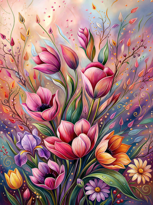 Abstract Tulip Bouquet Whimsical (150 Color Diamond Painting)