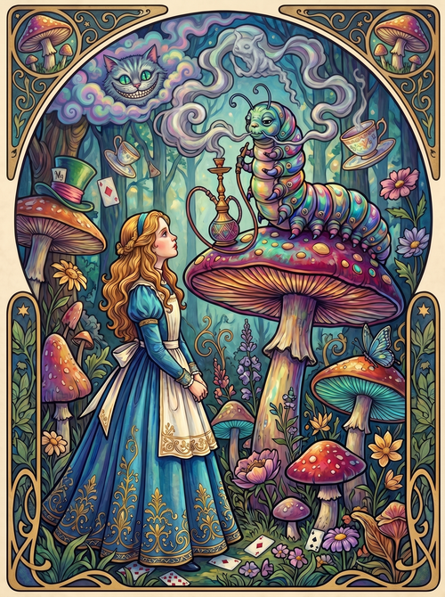 Alice Caterpillar Cheshire Mushrooms (150 Color Diamond Painting)