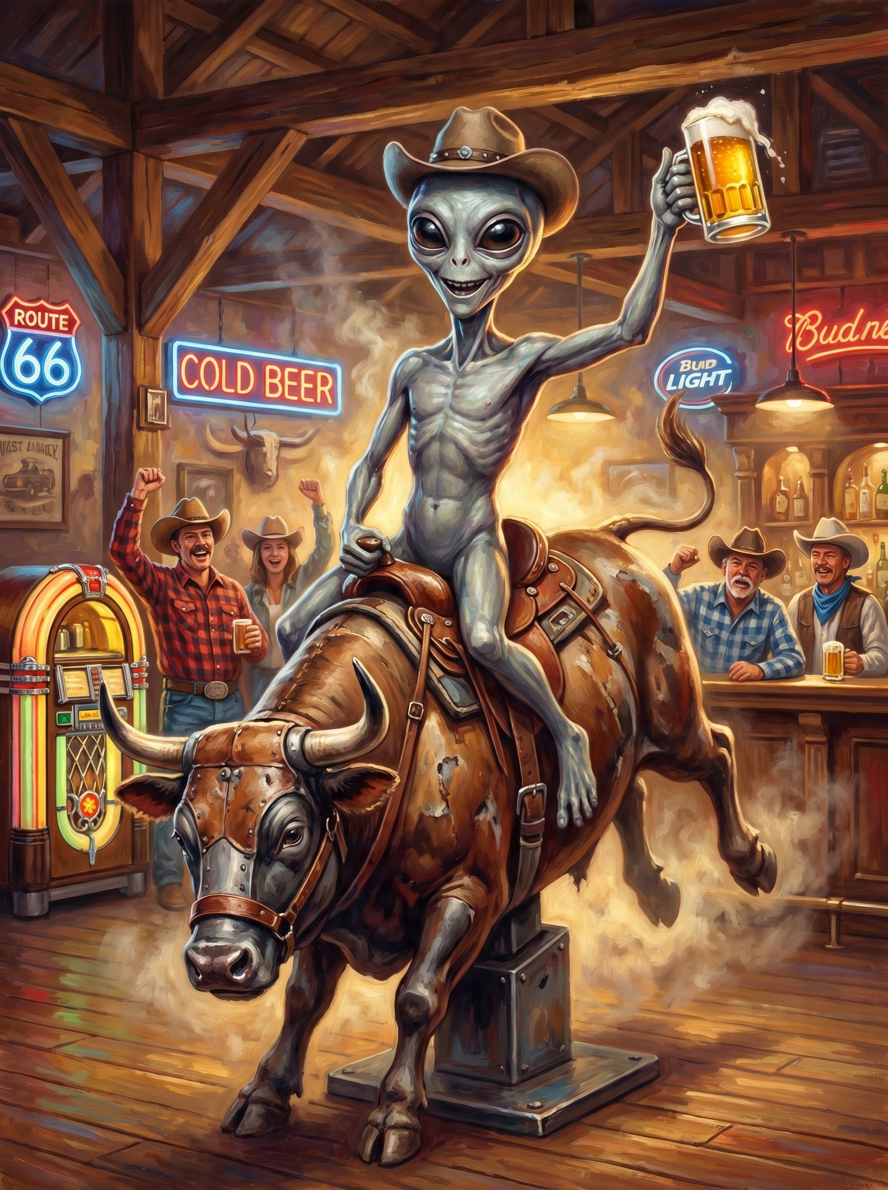 Alien Riding Mechanical Bull (150 Color Diamond Painting)
