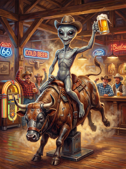 Alien Riding Mechanical Bull (150 Color Diamond Painting)