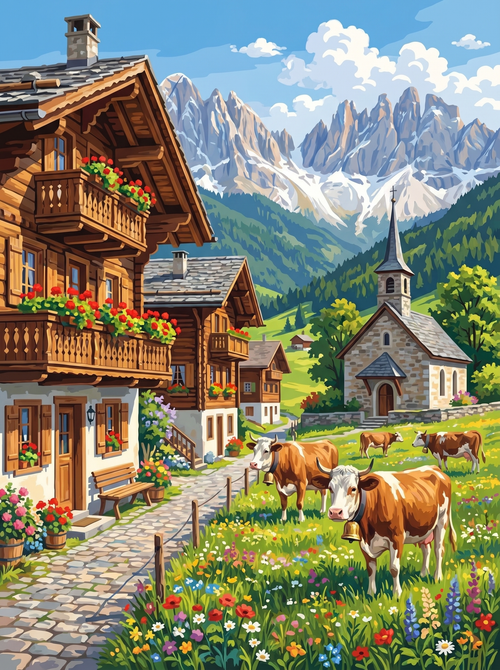 Alpine Chalet Village Flowers (150 Color Diamond Painting)