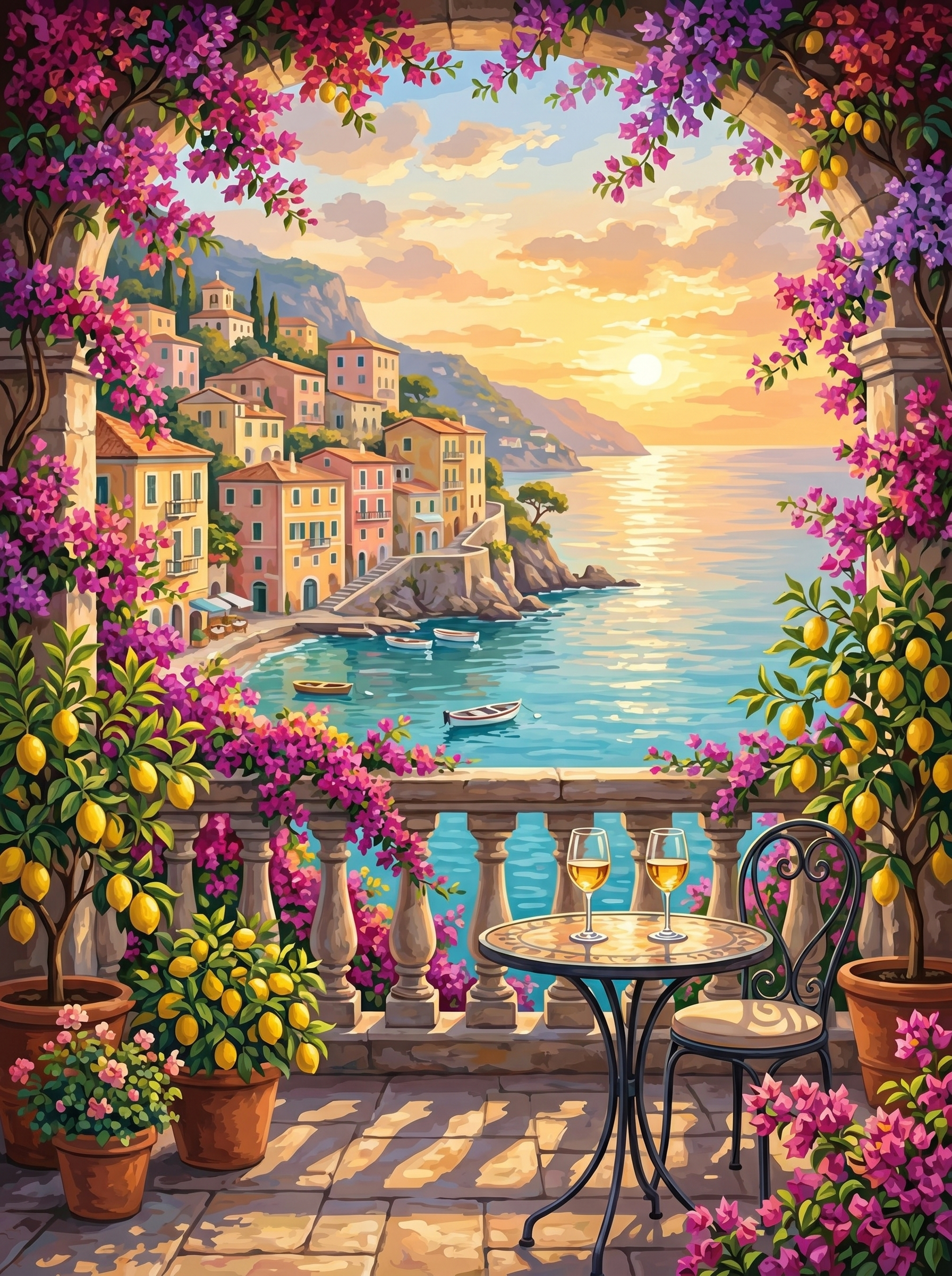 Amalfi Terrace Lemons Sunset (150 Color Diamond Painting)