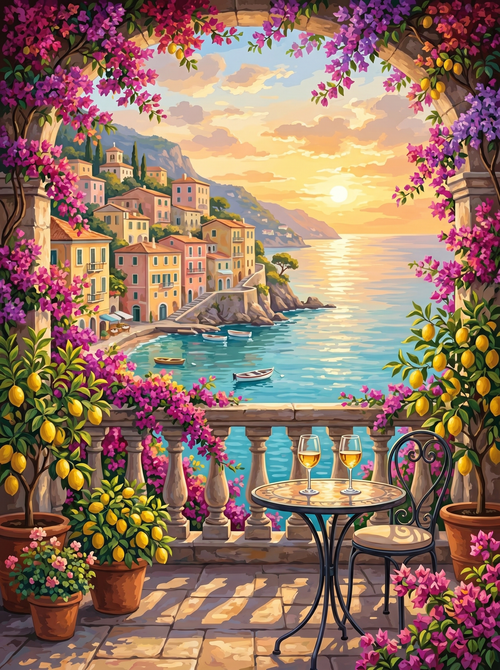 Amalfi Terrace Lemons Sunset (150 Color Diamond Painting)
