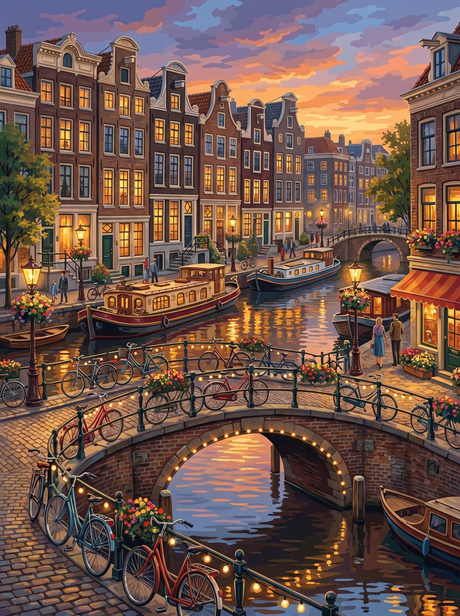 Amsterdam Canal Evening Bikes (150 Color Diamond Painting) Diamond Painting kit