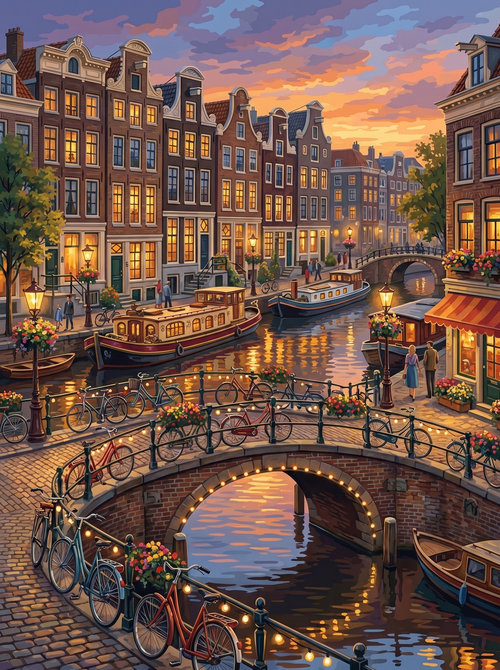 Amsterdam Canal Evening Bikes (150 Color Diamond Painting)