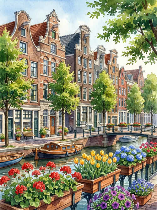 Amsterdam Canal Flower Boxes Watercolor (Diamond Painting)