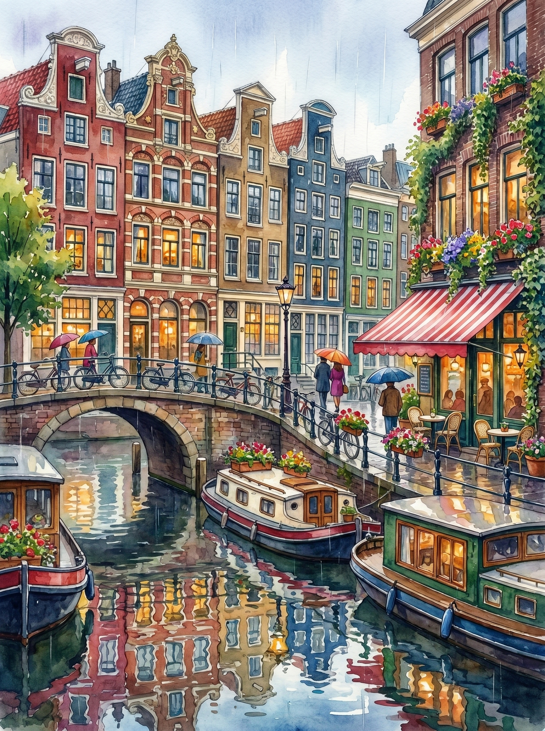 Amsterdam Rainy Cafe Canal Watercolor (150 Color Diamond Painting)
