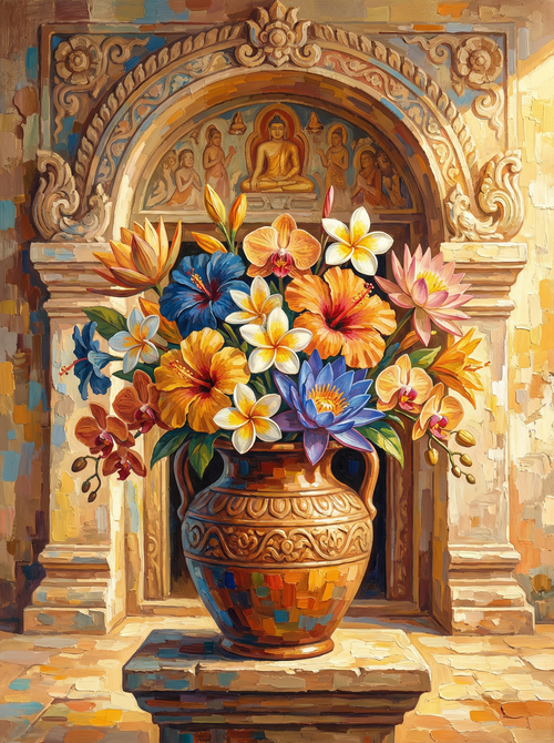 Ancient Lankan Temple Blossoms (100 Color Diamond Painting) Diamond Painting kit