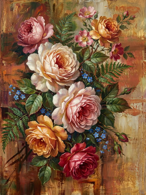 Antique Rose Bouquet Forget Me Nots (Diamond Painting)