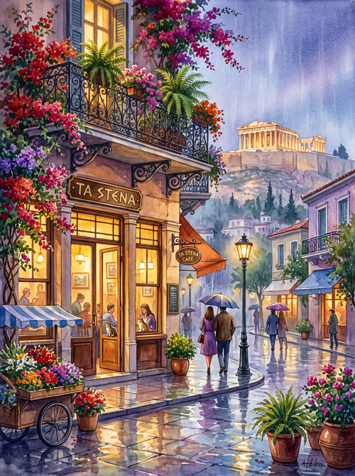 Athens Acropolis Rainy Café