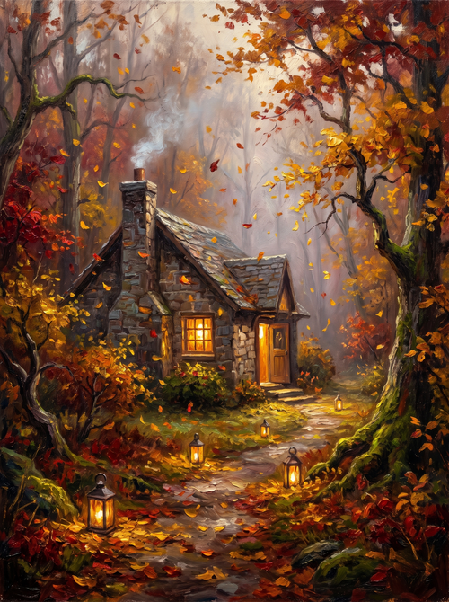 Autumn Cottage Lantern Path Mist