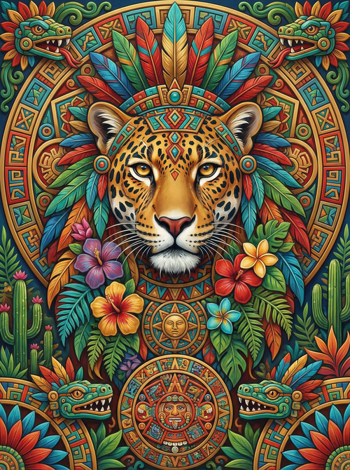 Aztec Jaguar Mandala (100 Color Diamond Painting)