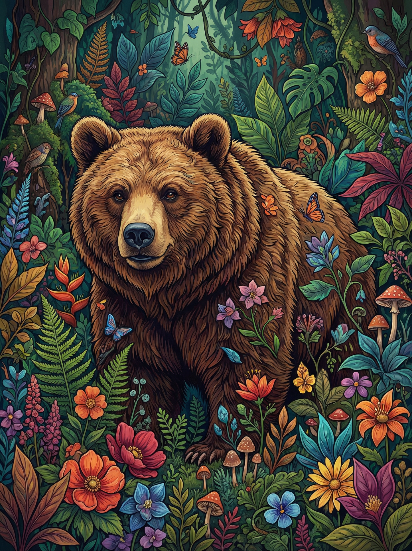 Wildflower Forest Brown Bear (Board Canvas)
