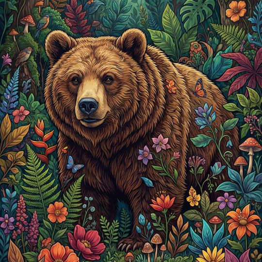Enchanted Forest Flowers Bear (100 Color Diamond Painting)