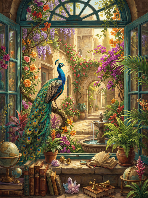 Peacock Courtyard Haven (100 Color Diamond Painting)