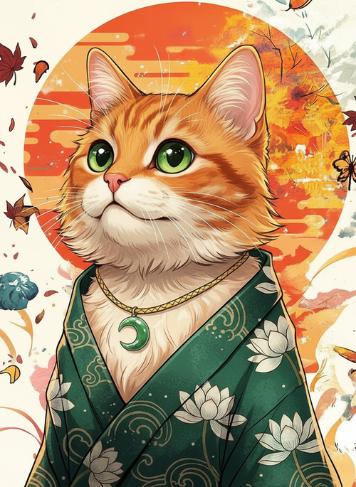 Autumn Cat in Kimono (Board Canvas)