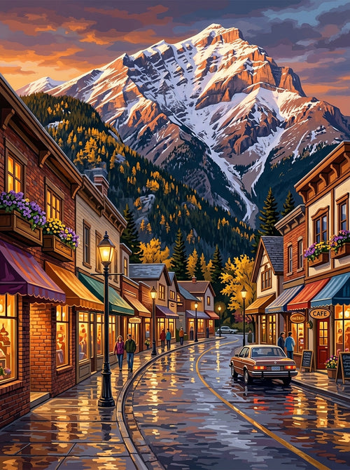 Banff Mountain Town Autumn Clean (150 Color Diamond Painting)