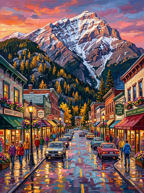 Banff Mountain Town Autumn Impasto (150 Color Diamond Painting)