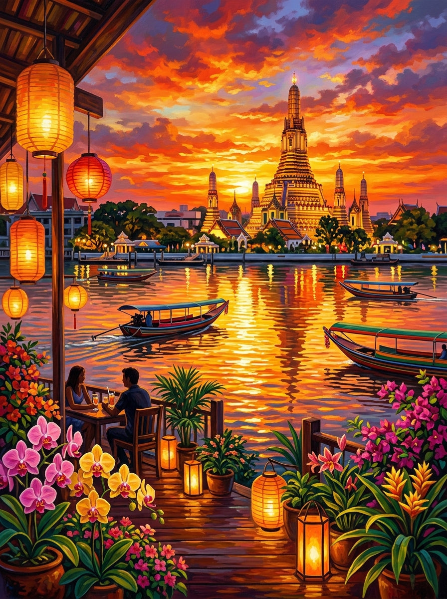 Bangkok Wat Arun Sunset Clean (150 Color Diamond Painting)