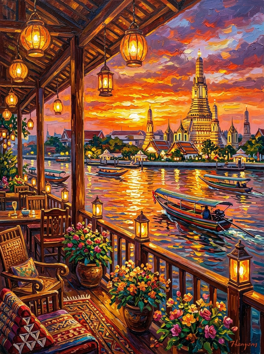 Bangkok Wat Arun Sunset Impasto (150 Color Diamond Painting)