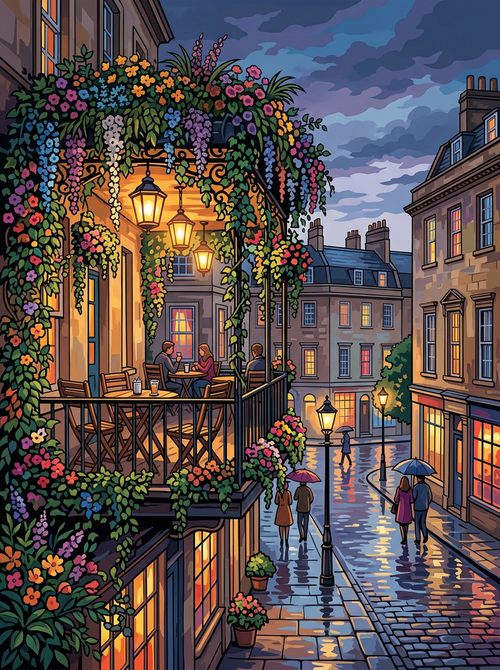 Bath Balcony Cafe Rain (150 Color Diamond Painting)