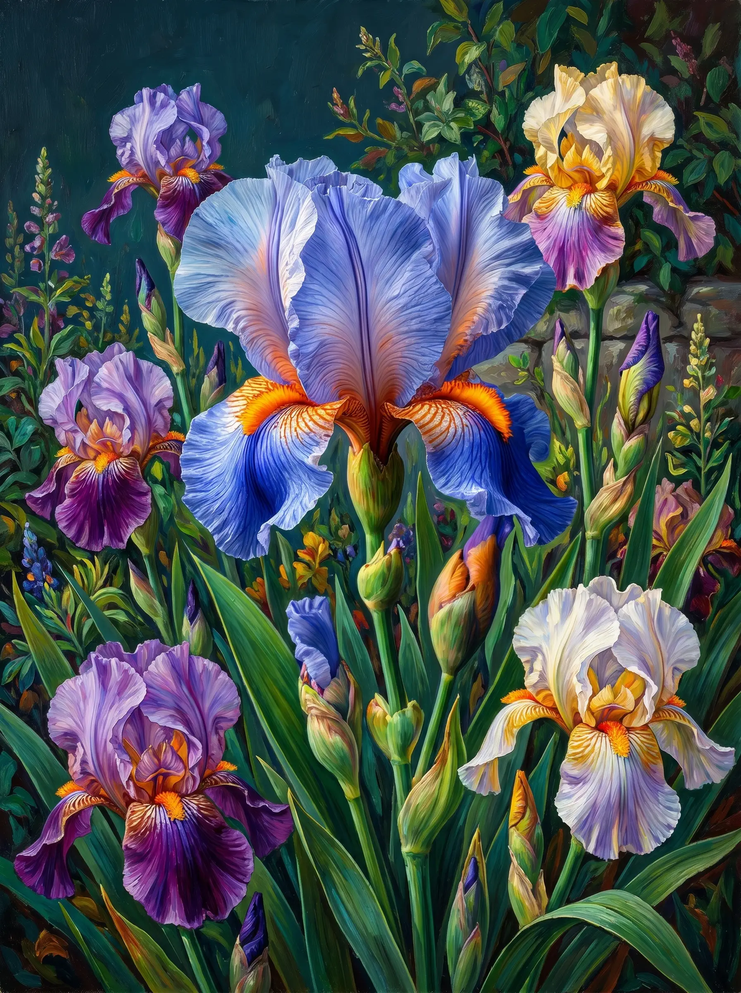 Bearded Iris Garden Stone Wall (Diamond Painting)