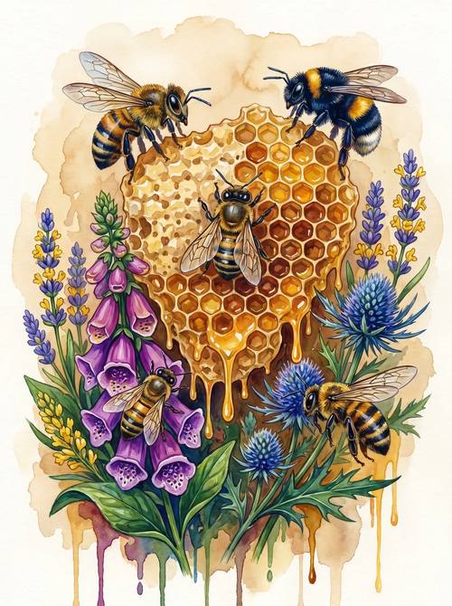 Bee Honeycomb Wildflower Watercolor (Diamond Painting)